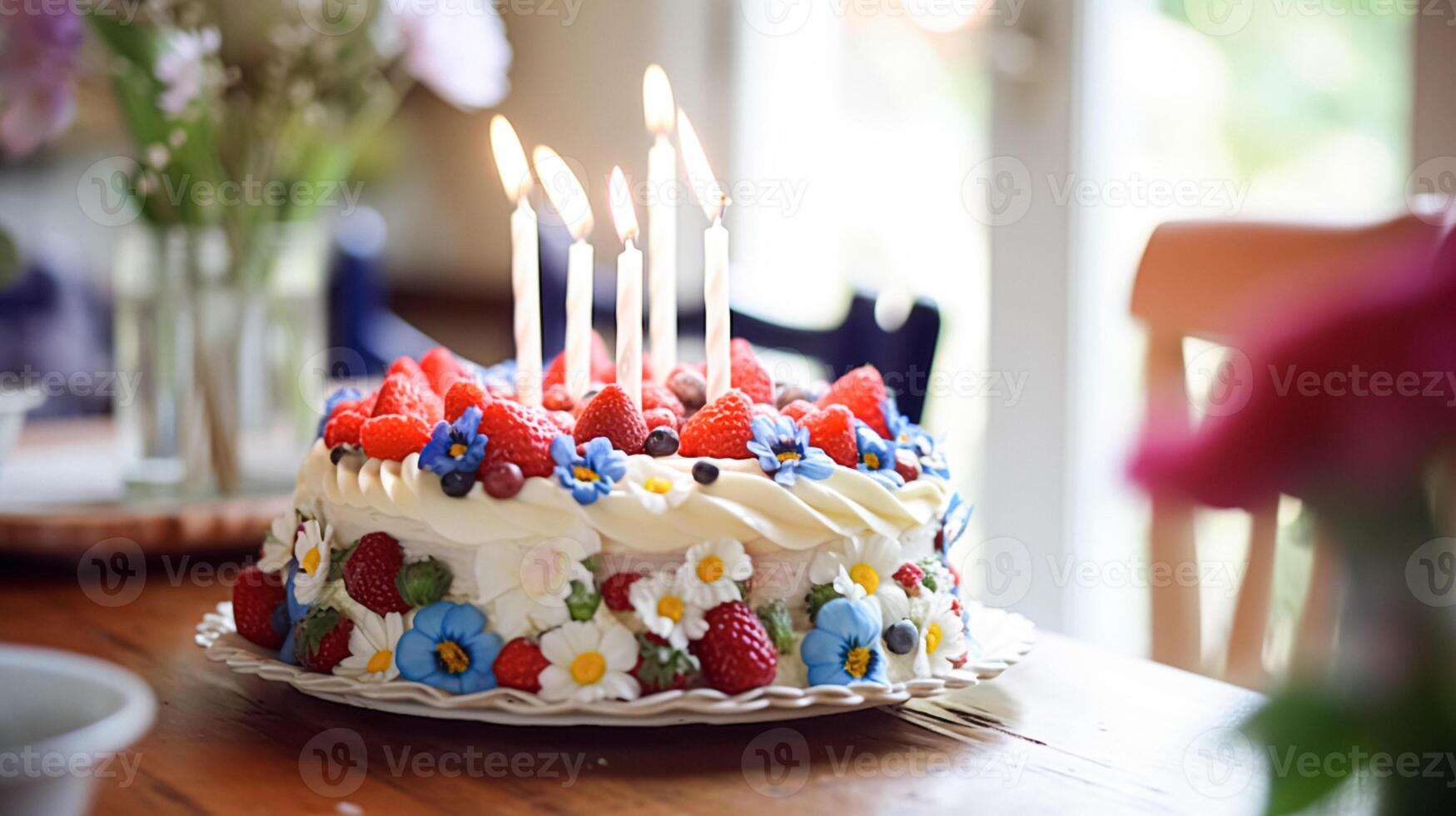 ai generato fatti in casa compleanno torta nel il inglese campagna Casa, Villetta cucina cibo e vacanza cottura al forno ricetta foto