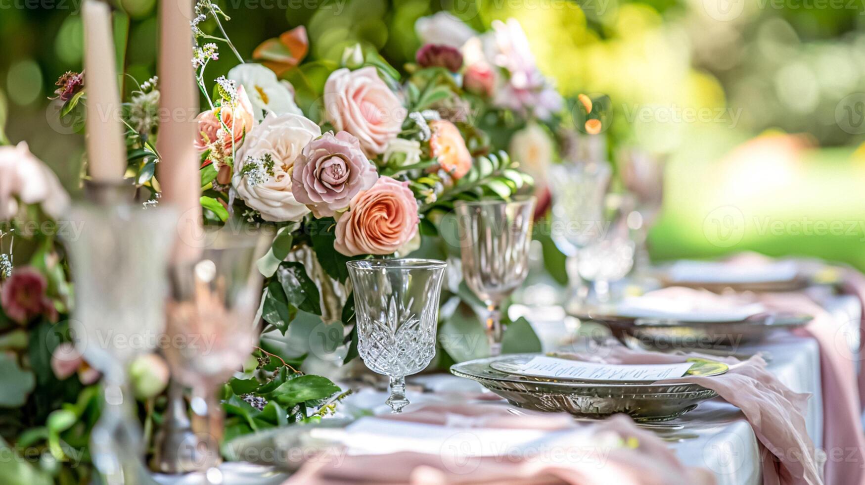 ai generato giardino festa tavolozza, eleganza con floreale tavolo arredamento foto