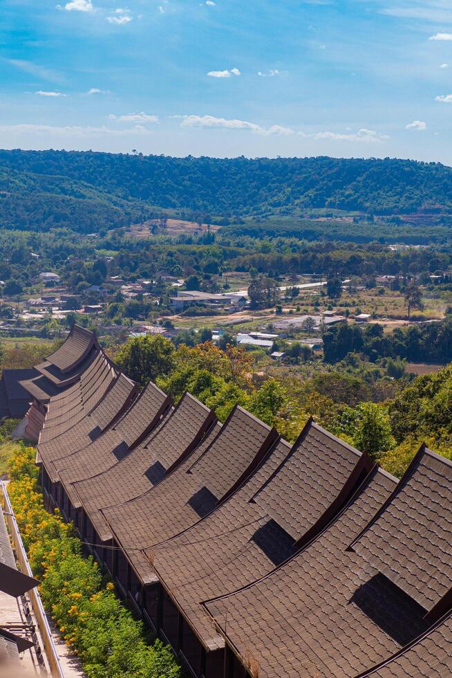 loei, Tailandia, 2023 - aereo panorama con Marrone tetto nel primo piano, Là è un' noto turista destinazione con visualizzazioni di il montagne, villaggio, e un' azienda agricola. foto