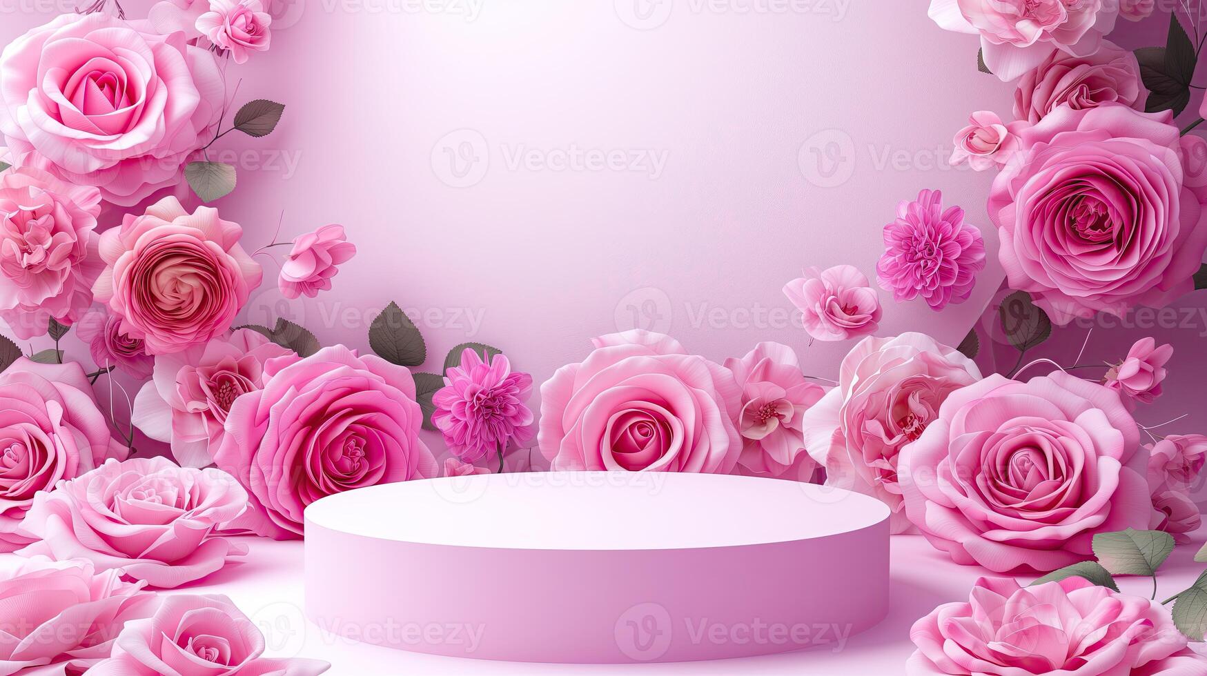 ai generato un' Prodotto Schermo podio palcoscenico con un' rosa sfondo ornato con rosa fiori foto