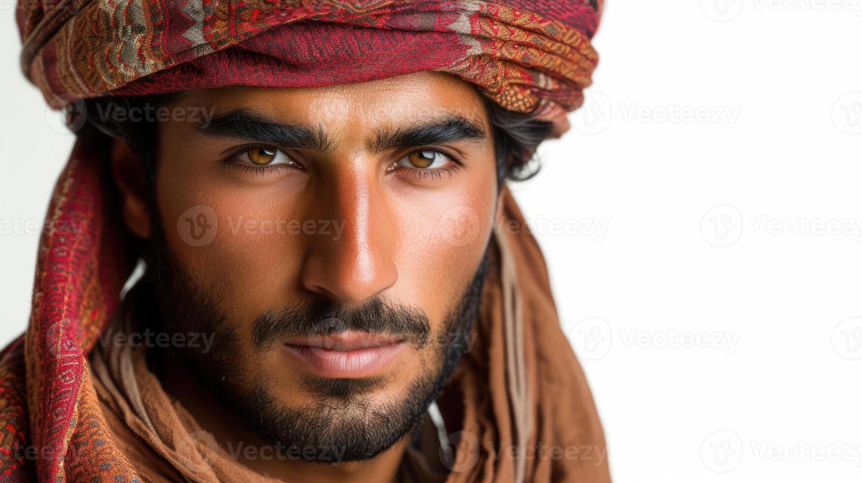 ai generato avvicinamento ritratto di arabo uomo con acuto sguardo isolato su bianca sfondo foto