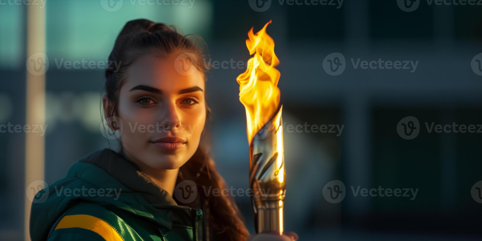 ai generato giovane atleta con olimpico torcia a crepuscolo foto