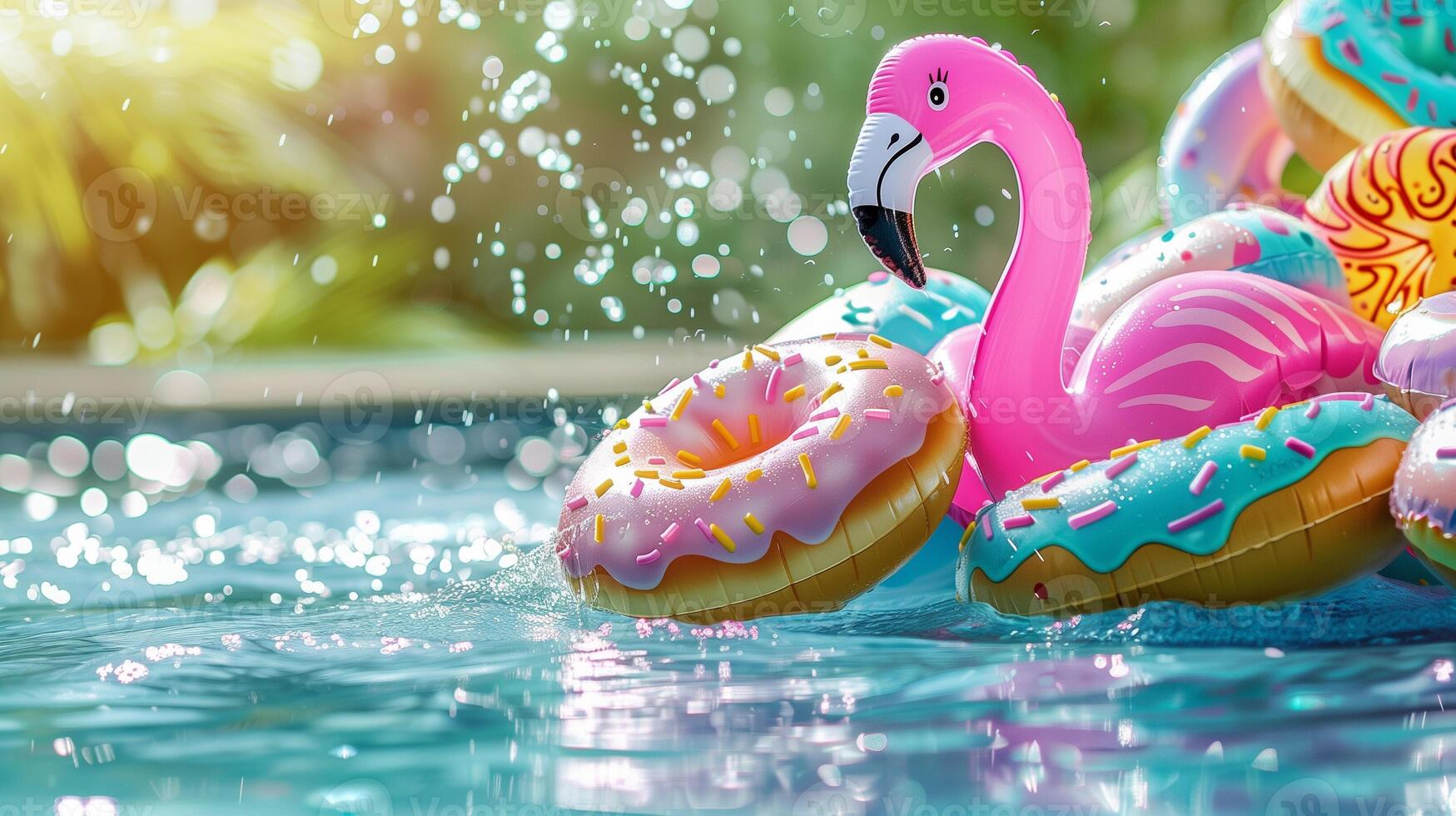 ai generato estate divertimento, gonfiabile giocattoli nel scintillante piscina foto