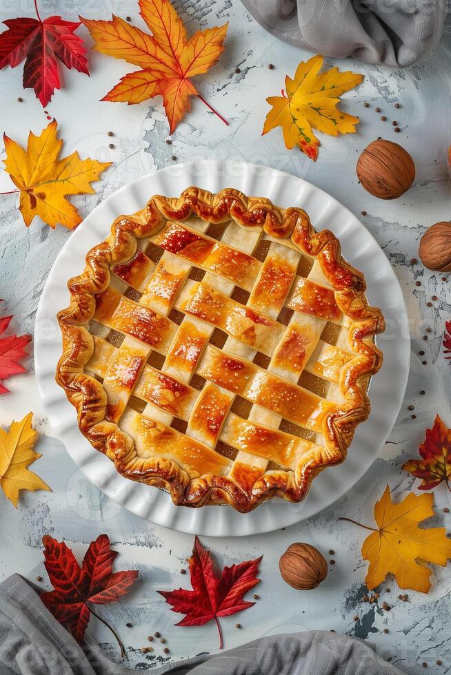 ai generato autunnale reticolo torta con le foglie e Noci foto