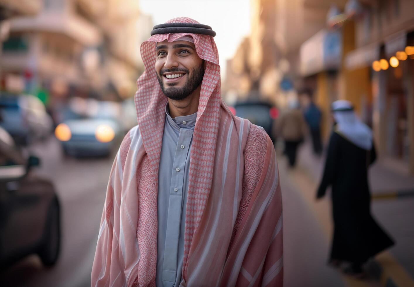 ai generato Arabo uomo nel il strade indossare tradizionale Abiti sorridente e guardare contento foto