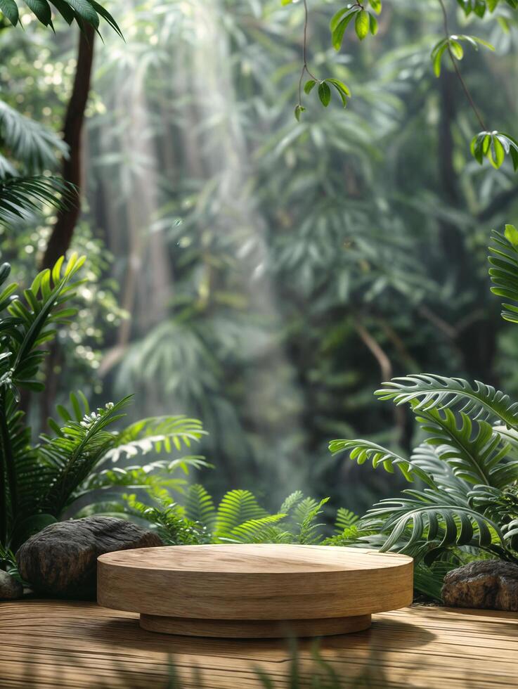 ai generato di legno piattaforma su un' di legno palcoscenico posto nel natura foto