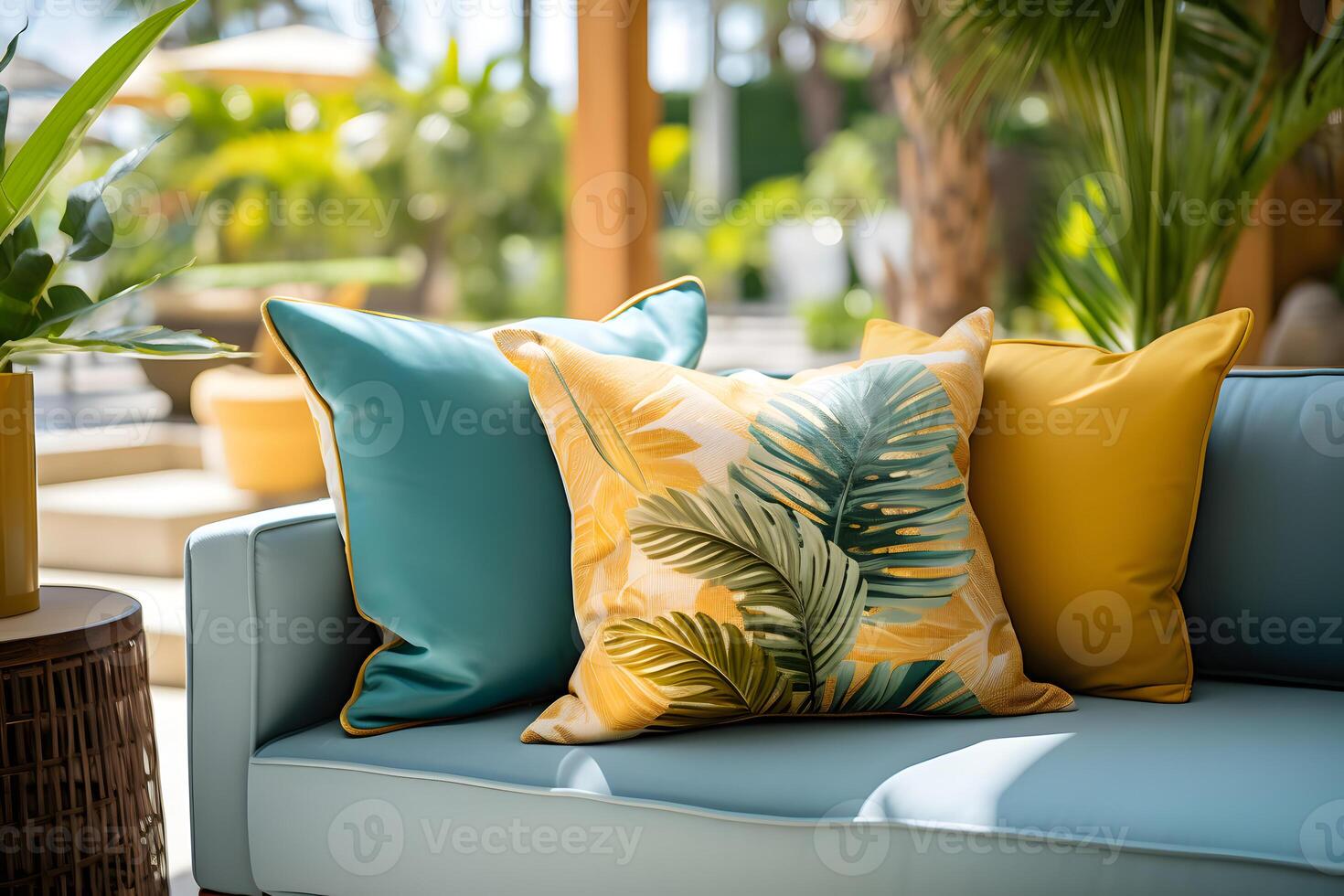 ai generato tropicale vivente camera con invitante divano e cuscini, accogliente Paradiso foto
