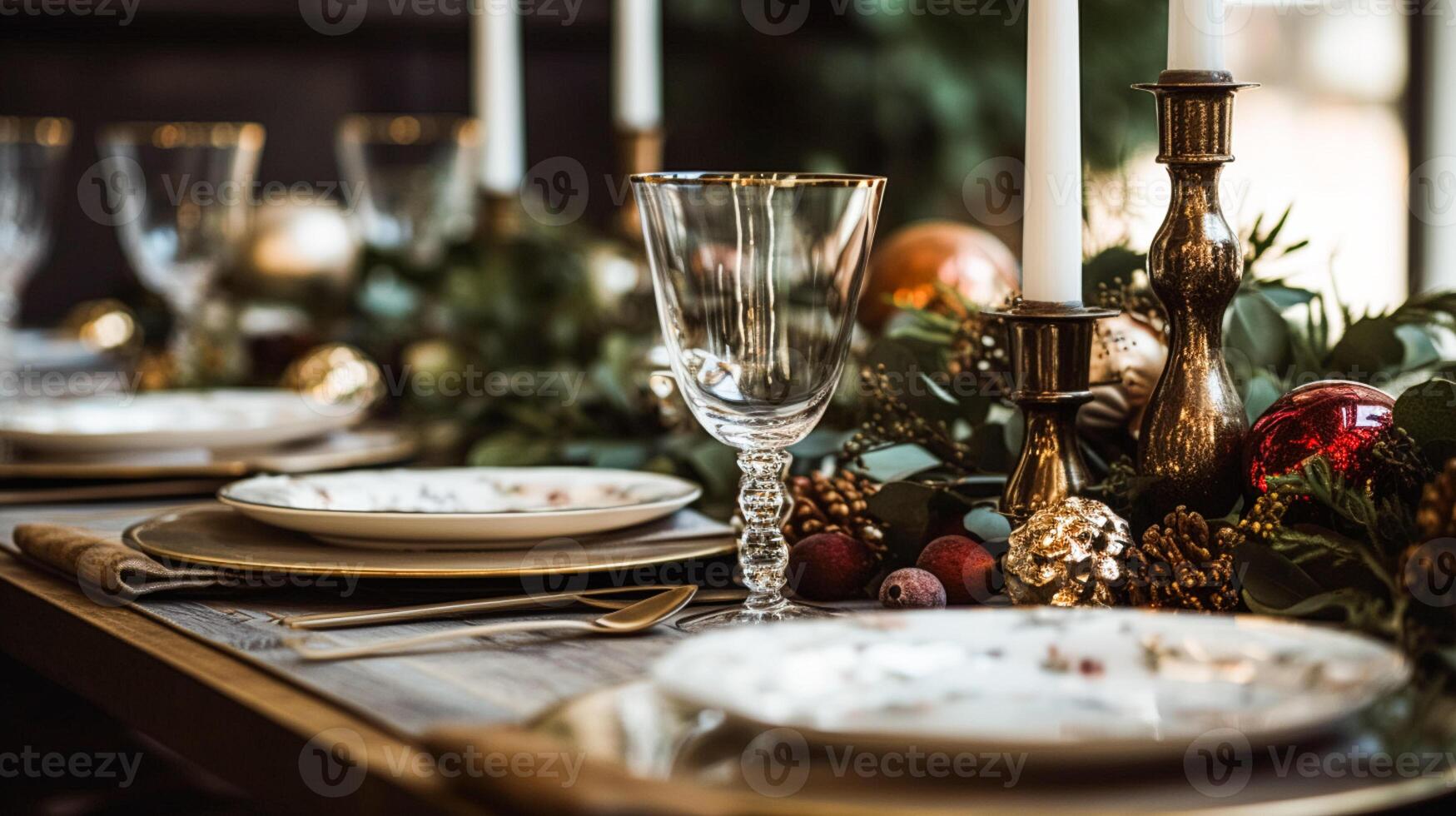 ai generato Natale tavolo arredamento, vacanza tablescape e cena tavolo ambientazione, formale evento decorazione per nuovo anno, famiglia celebrazione, inglese nazione e casa messa in piega foto