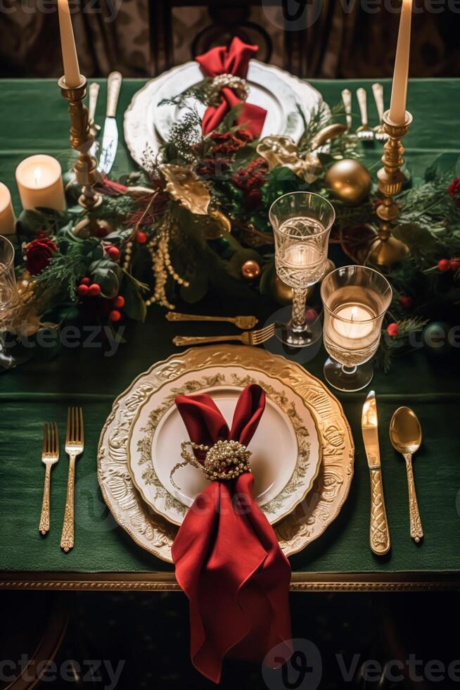 ai generato Natale tavolo scappa, elegante formale cena tavolo ambientazione, tablescape con vacanza decorazione per festa evento celebrazione, generativo ai foto