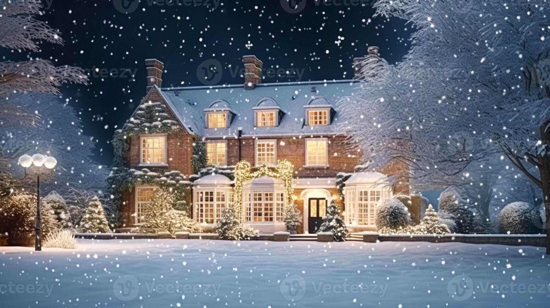 ai generato Natale nel il campagna maniero, inglese nazione Casa dimora decorato per vacanze su un' nevoso inverno sera con neve e vacanza luci, allegro Natale e contento vacanze foto