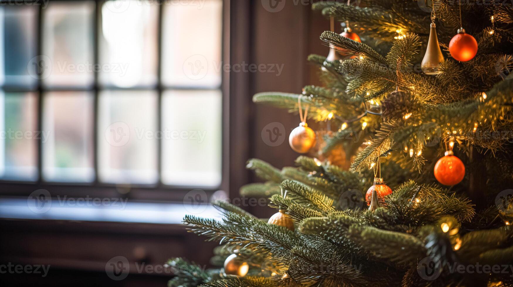 ai generato Natale albero decorazioni per il inglese nazione villetta, casa arredamento, Casa nel il campagna e vacanza celebrazione foto