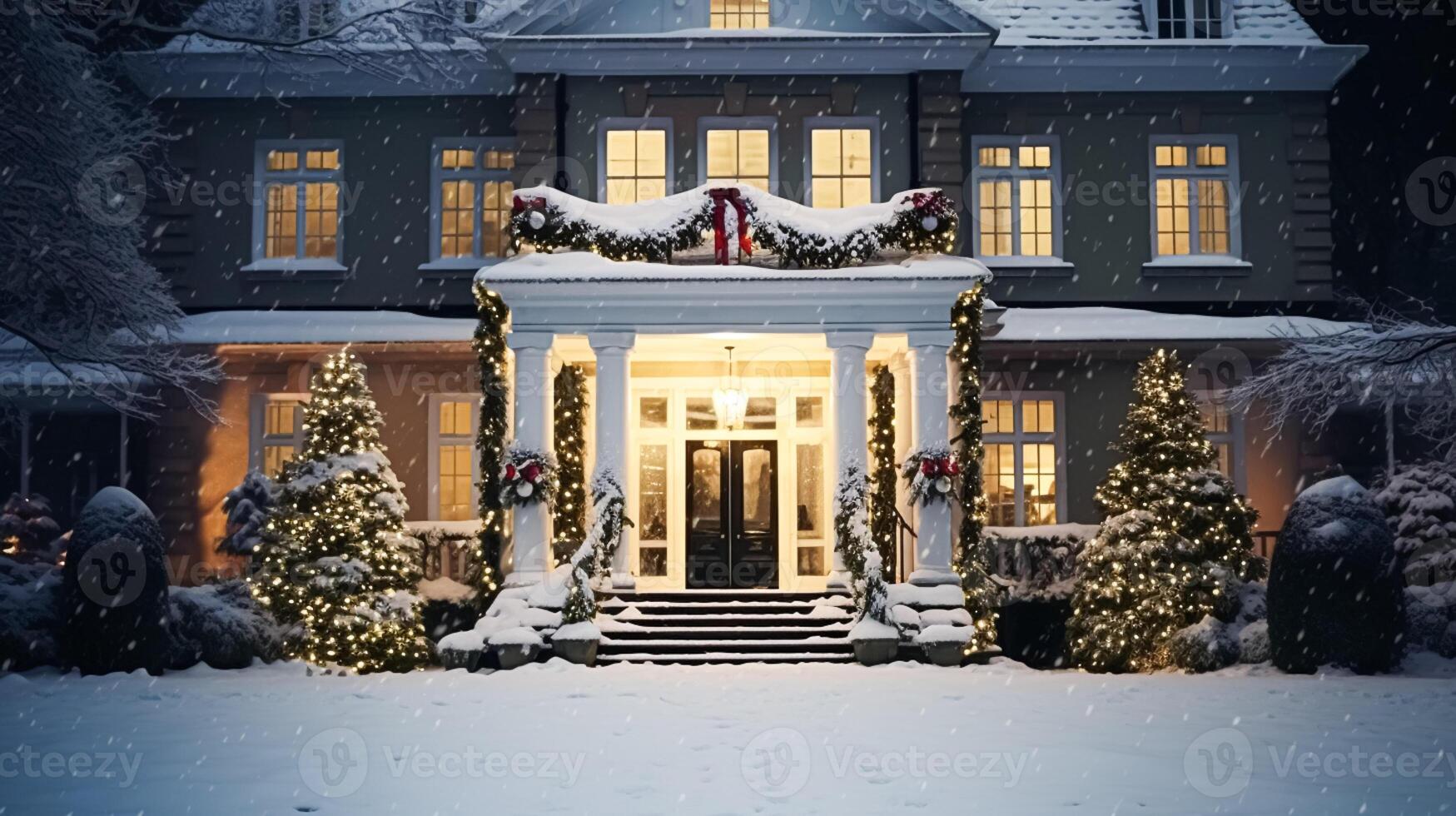 ai generato Natale nel il campagna maniero, inglese nazione Casa dimora decorato per vacanze su un' nevoso inverno sera con neve e vacanza luci, allegro Natale e contento vacanze foto