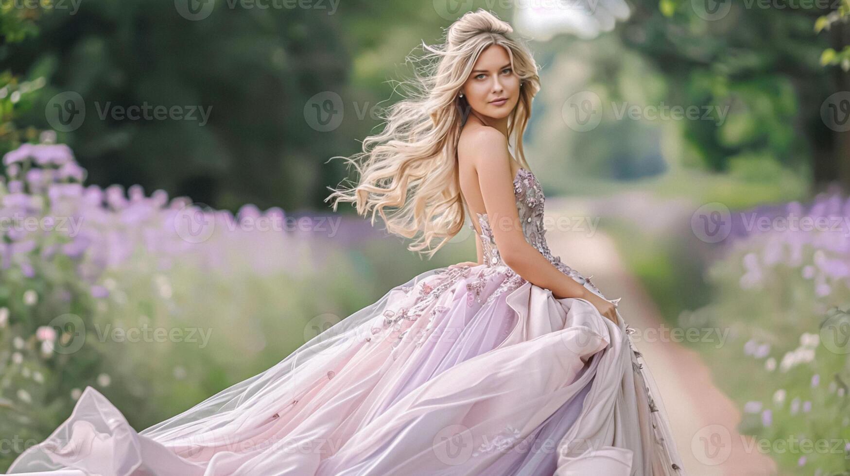 ai generato elegante signora nel lavanda toga nel il inglese campagna giardino, bellezza, bridal moda Guarda e nozze acconciatura foto