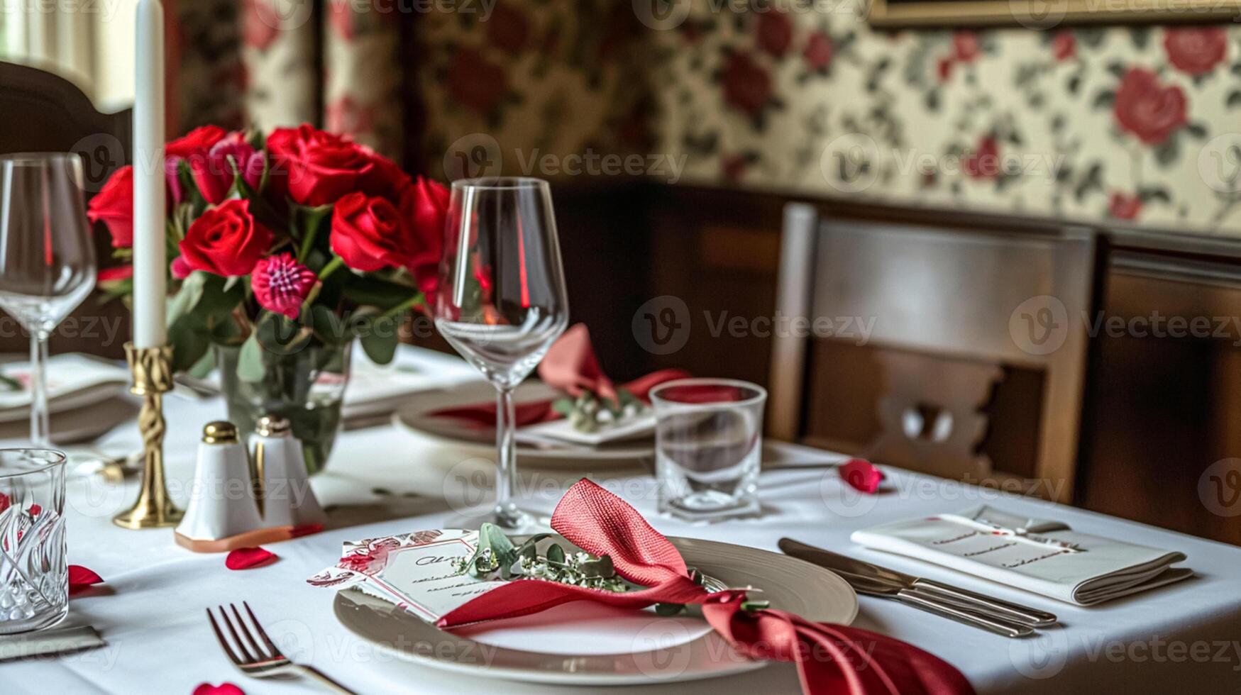 ai generato san valentino giorno tablescape e tavolo arredamento, romantico tavolo ambientazione con fiori, formale cena e Data, bellissimo posate e vasellame foto