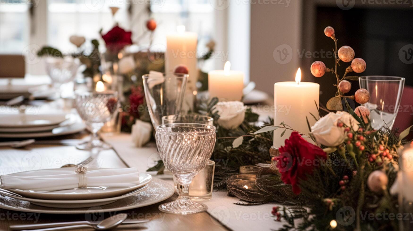 ai generato tavolo arredamento, vacanza tablescape e formale cena tavolo ambientazione per Natale, vacanze e evento celebrazione, inglese nazione decorazione e casa messa in piega foto