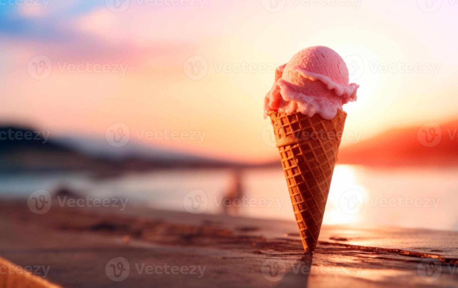 ai generato delizioso strawberrie ghiaccio crema con bellissimo tramonto a il spiaggia nel il sfondo e copia spazio. foto