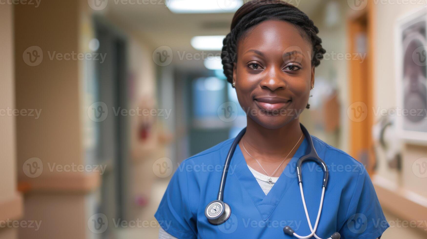 ai generato un' nero femmina medico lavoratore indossare blu scrub e indossare un' stetoscopio in giro sua collo è un' assistenza sanitaria fornitore. foto