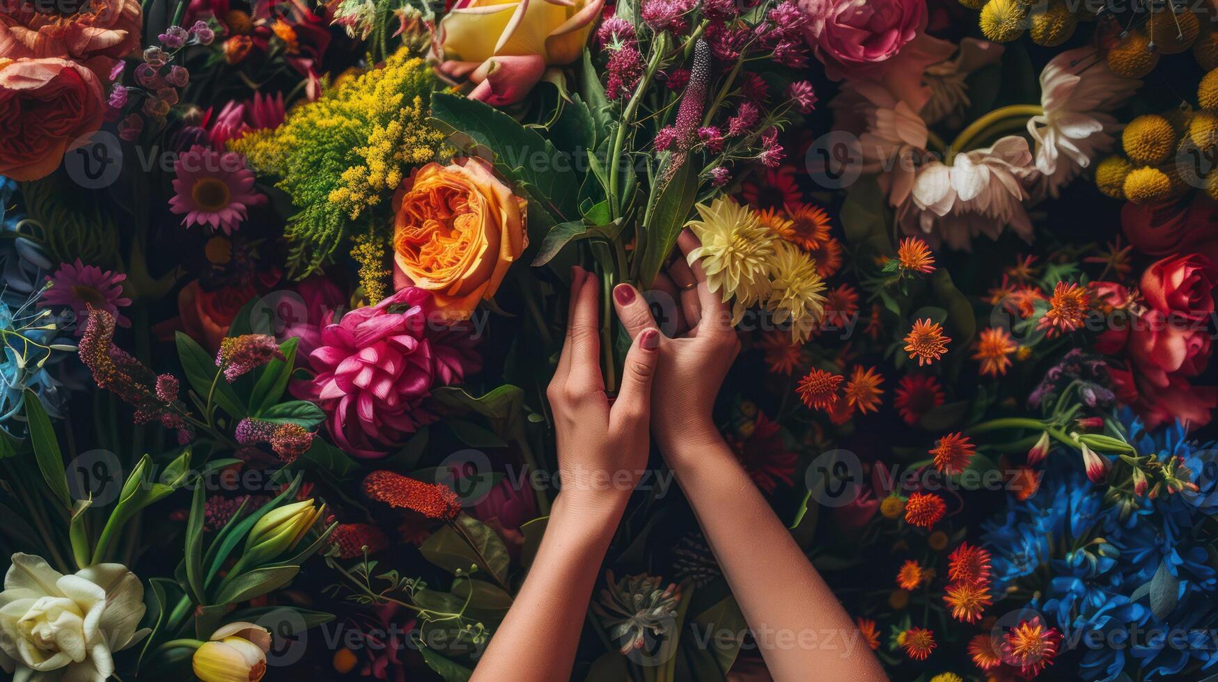 ai generato con finezza, un' fioraio delicatamente organizza un' varietà di colorato fresco fiori, producendo un' travolgente floreale Schermo. foto