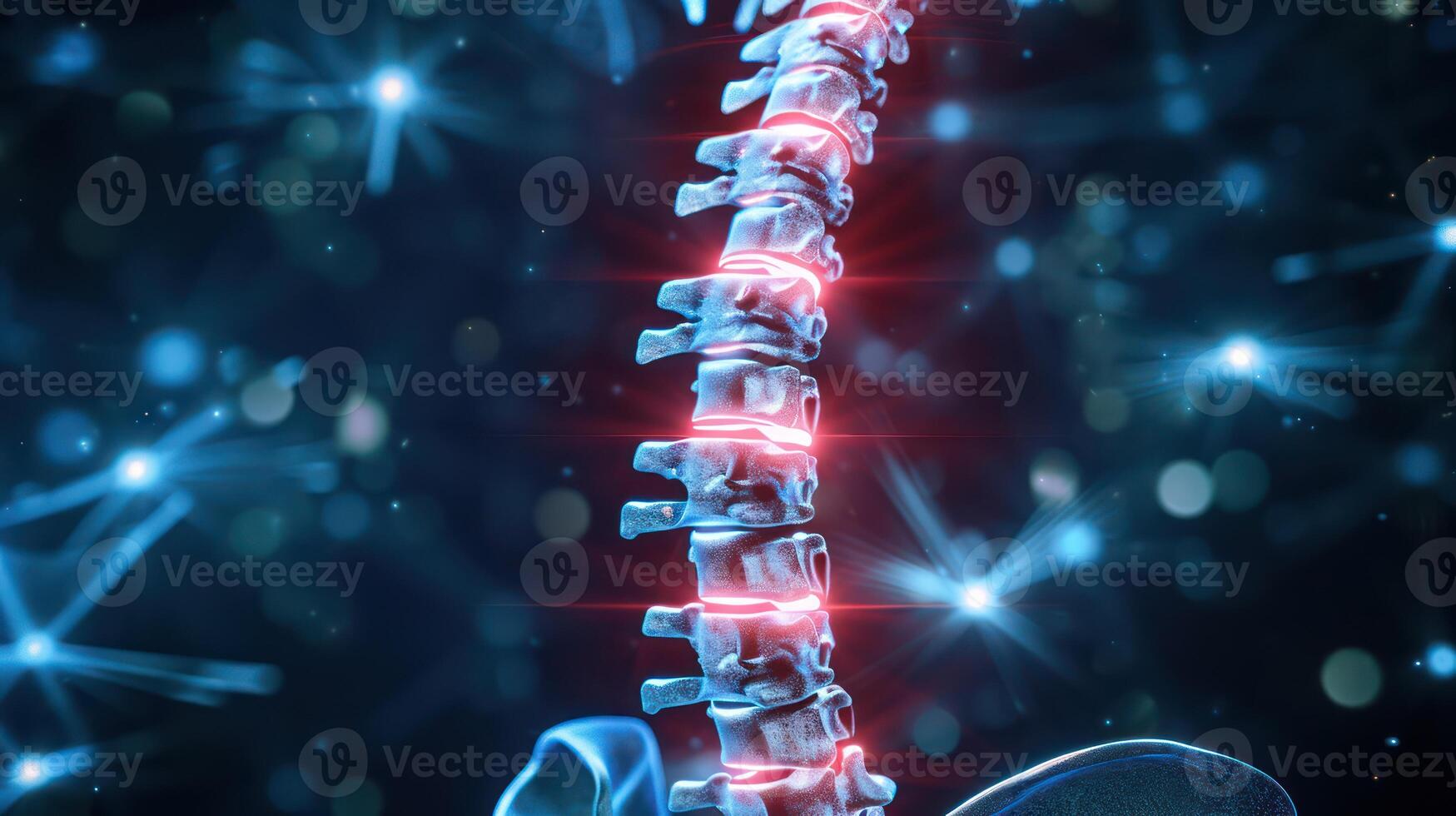 ai generato 3d interpretazione raggi X Immagine di umano colonna vertebrale al di sopra di medico sfondo foto