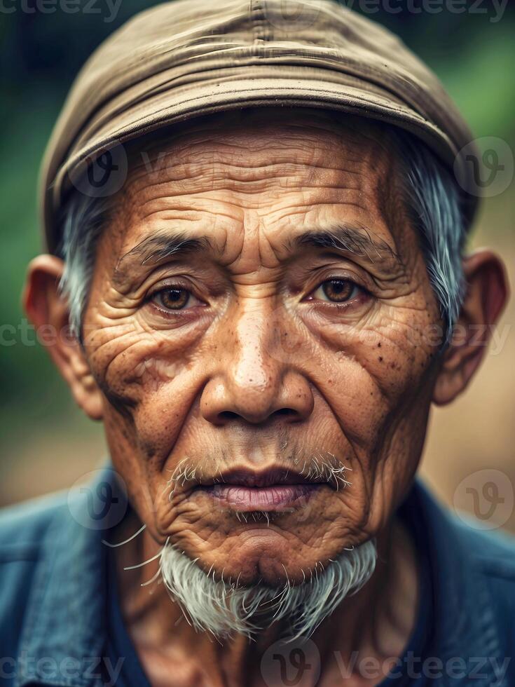 ai generato perdere ritratto di anziano saggio vietnamita uomo, rurale la zona le persone, diversità foto