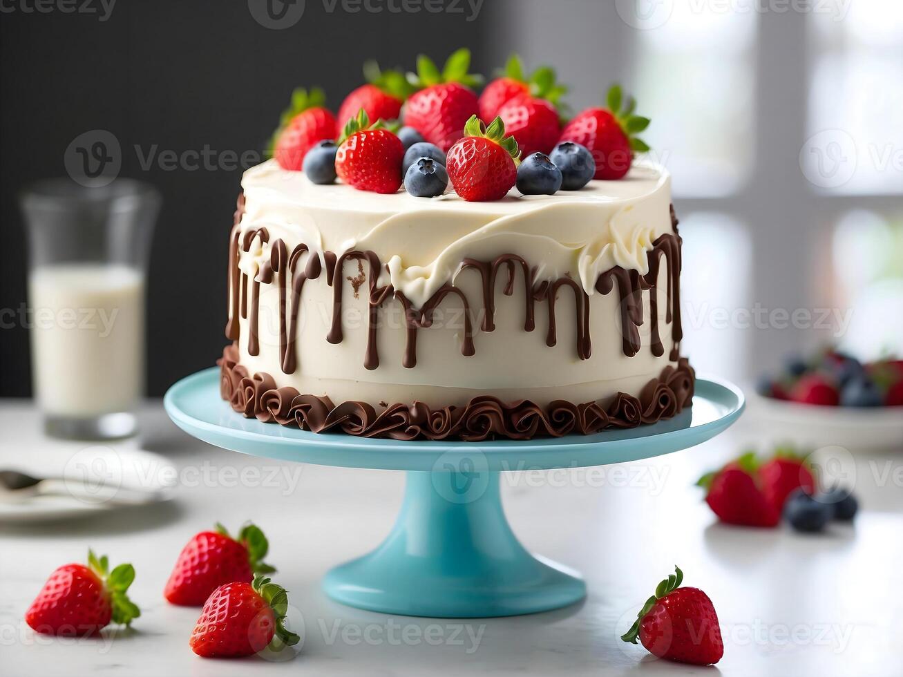 ai generato avvicinamento di delizioso cioccolato fragola torta isolato su bianca sfondo, compleanno, nozze, celebrazione, modello foto