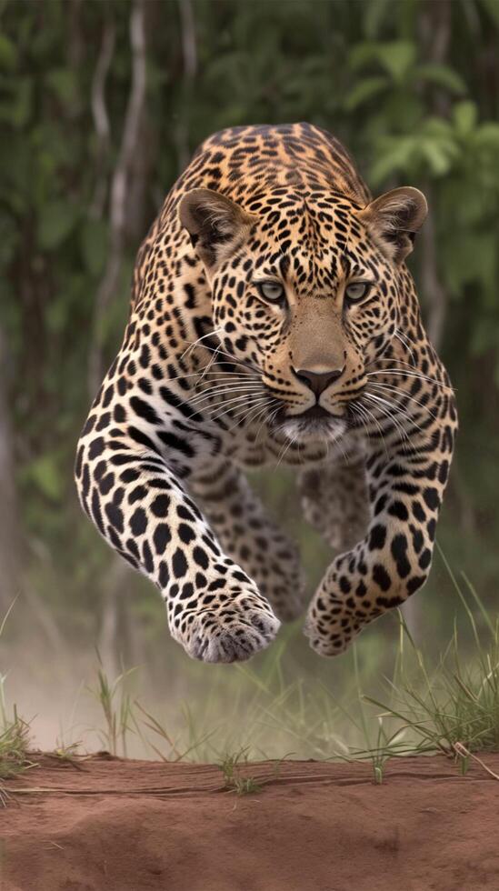 ai generato selvaggio eleganza potente leopardo nel pieno passo in mezzo lussureggiante foresta verticale mobile sfondo foto