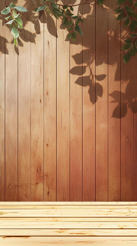ai generato vuoto legno duro tavolo su albero della pioggia di legno parete sfondo verticale mobile sfondo foto