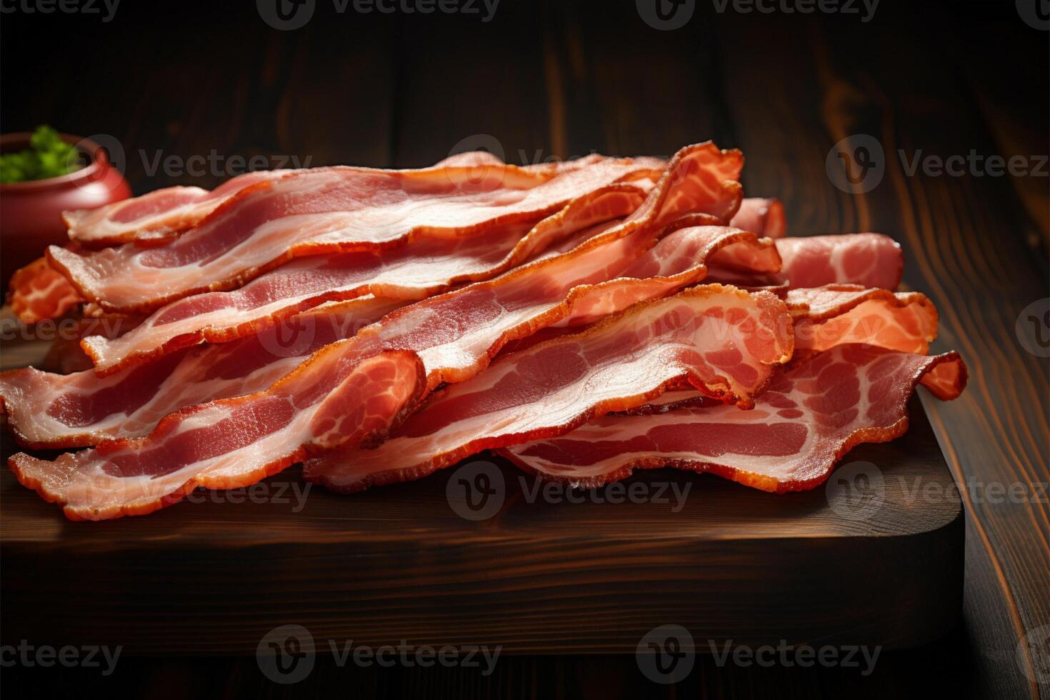 ai generato superiore Visualizza Bacon fette disposte su un' rustico di legno tavolo foto