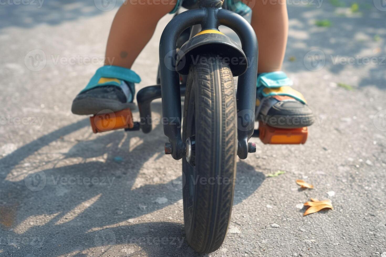ai generato bambino apprendimento per cavalcata quattro ruota bicicletta con assistere ruote foto