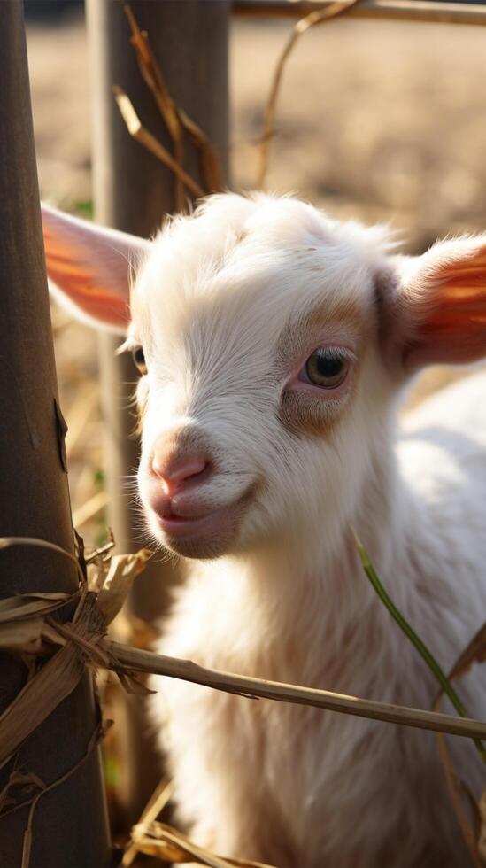 ai generato adorabile scena bambino capra giocando con bambù recinto nel azienda agricola verticale mobile sfondo foto