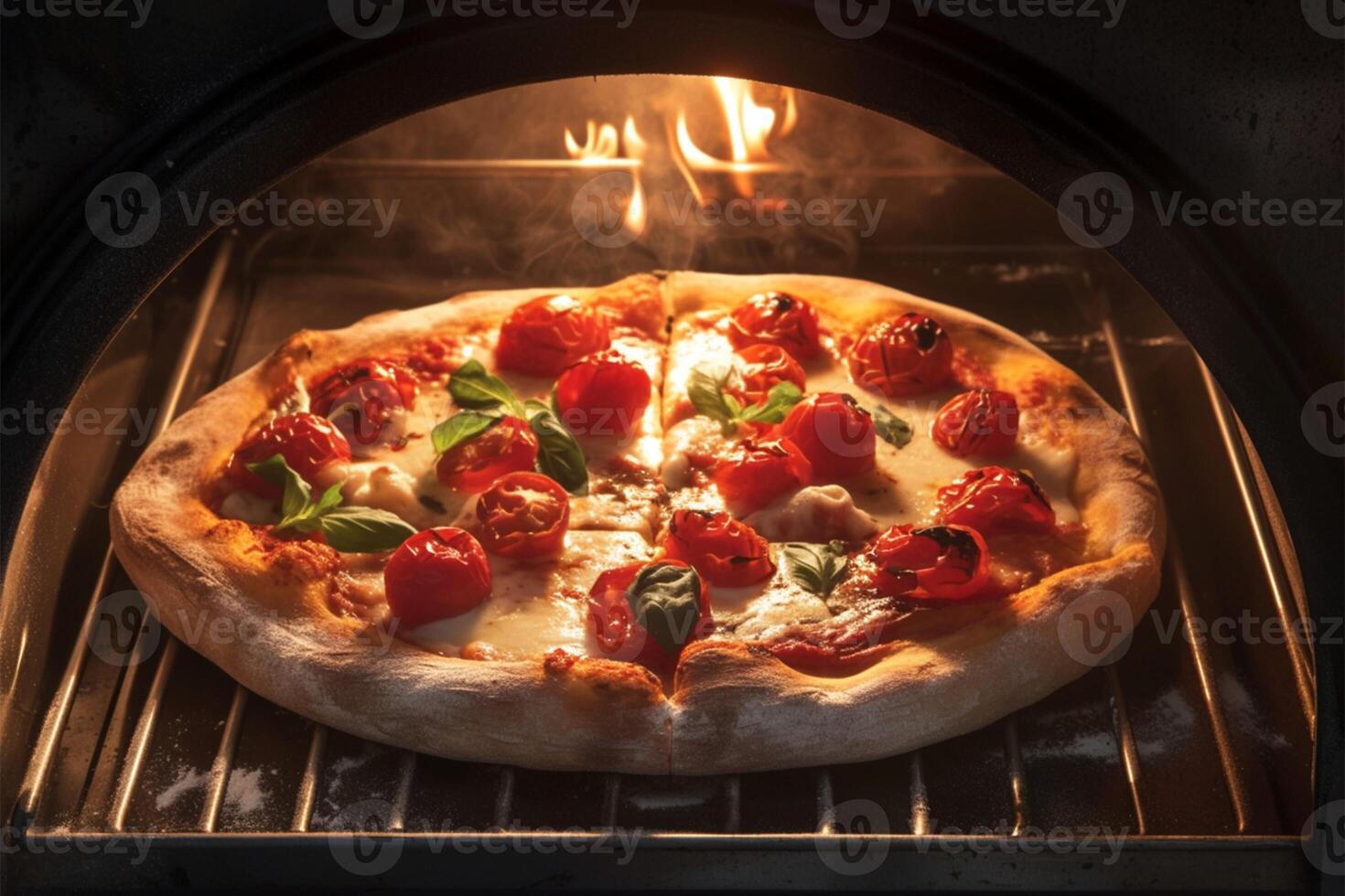 ai generato forno fresco diletto Pizza nel il forno, in mostra appena al forno bontà foto