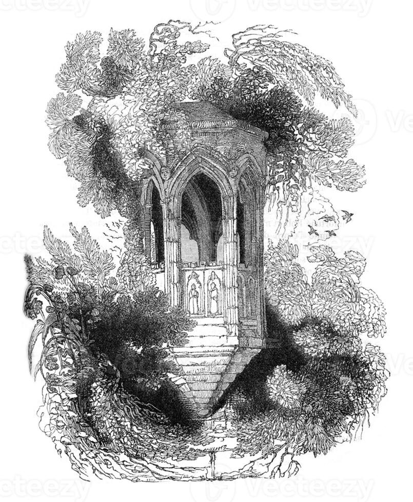 rovine di un' pietra pulpito, collocato nel il giardini di il abbazia Shrewsbury, Shropshire, Vintage ▾ incisione. foto