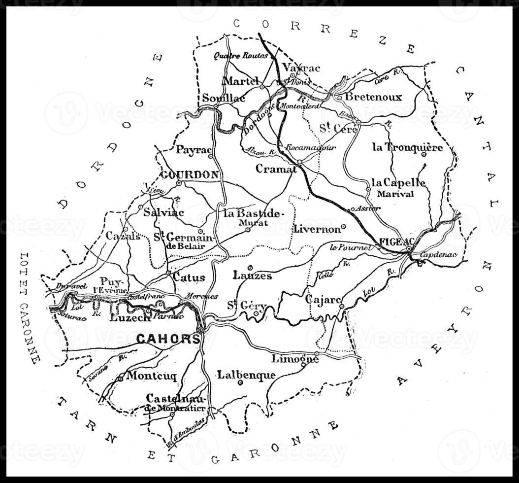 carta geografica di il Dipartimento di quantità, Vintage ▾ incisione. foto