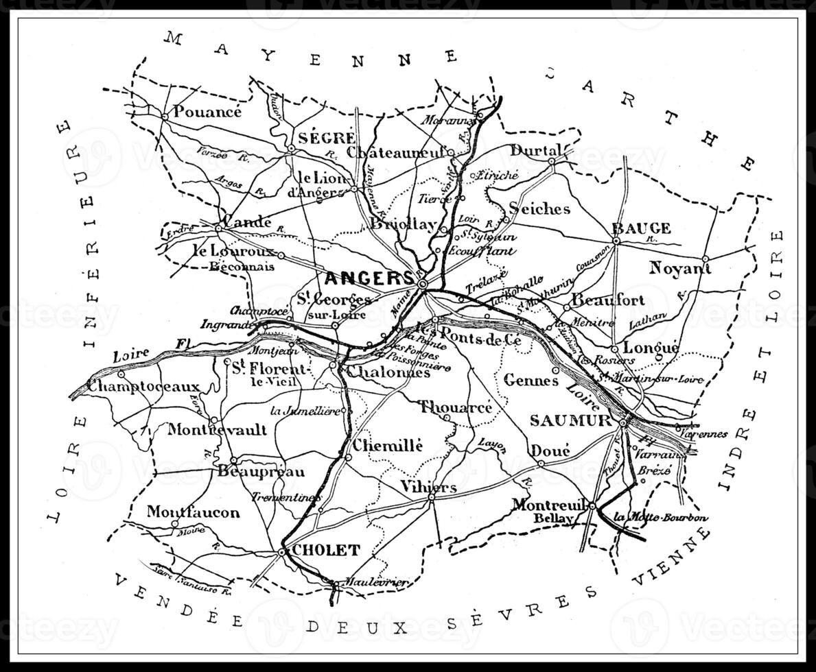 carta geografica di il Dipartimento di maine-et-loire, Vintage ▾ incisione. foto