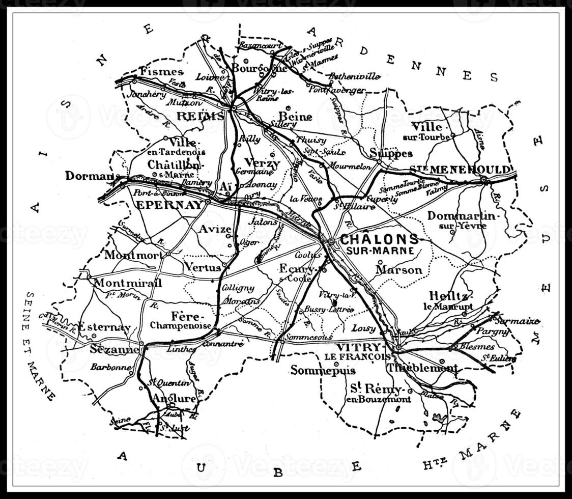 carta geografica di il Dipartimento di la Marna, Vintage ▾ incisione. foto