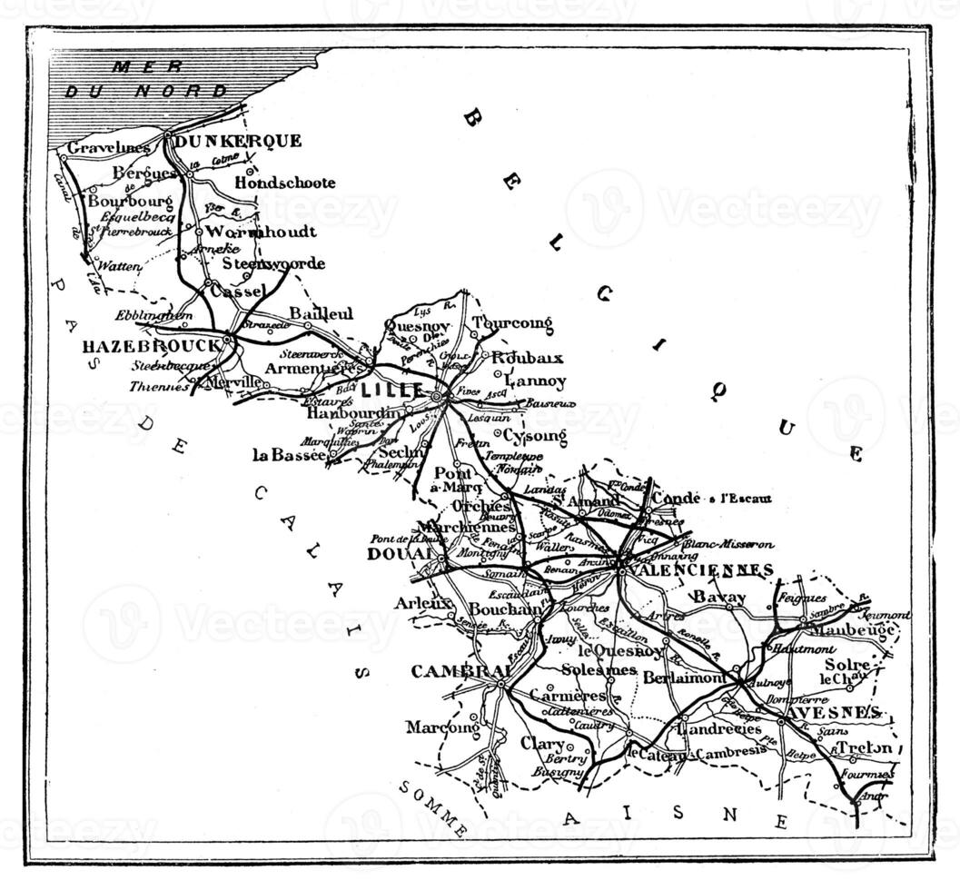 carta geografica di il settentrionale Dipartimento, Vintage ▾ incisione. foto