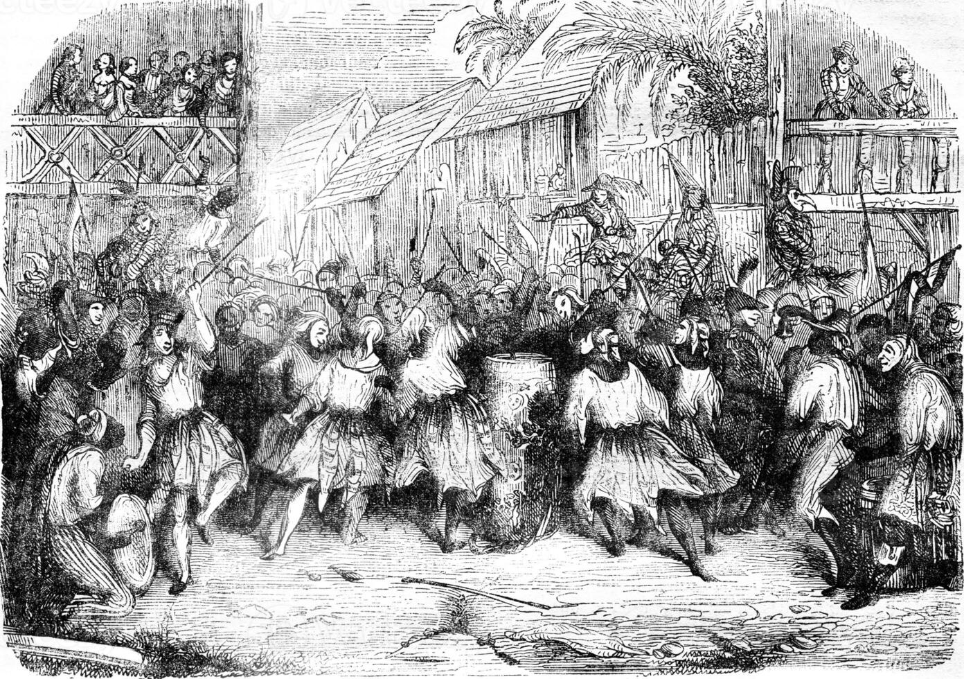 un' carnevale scena nel Haiti nel 1838, dopo il schizzo di un' viaggiatore, Vintage ▾ incisione. foto