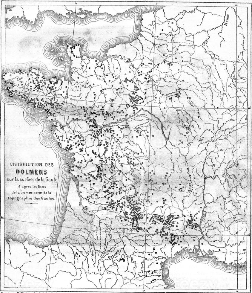 distribuzione di dolmen su il superficie di Gallia, Vintage ▾ incisione. foto