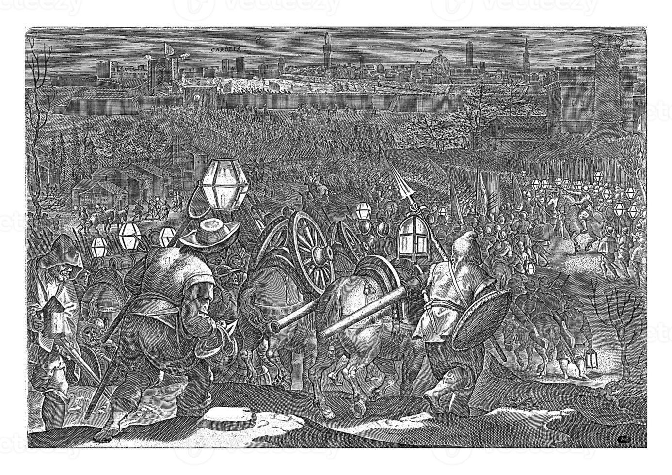 assedio di camollia e siena, philips galle, dopo jan furgone der strada, 1583, Vintage ▾ illustrazione. foto