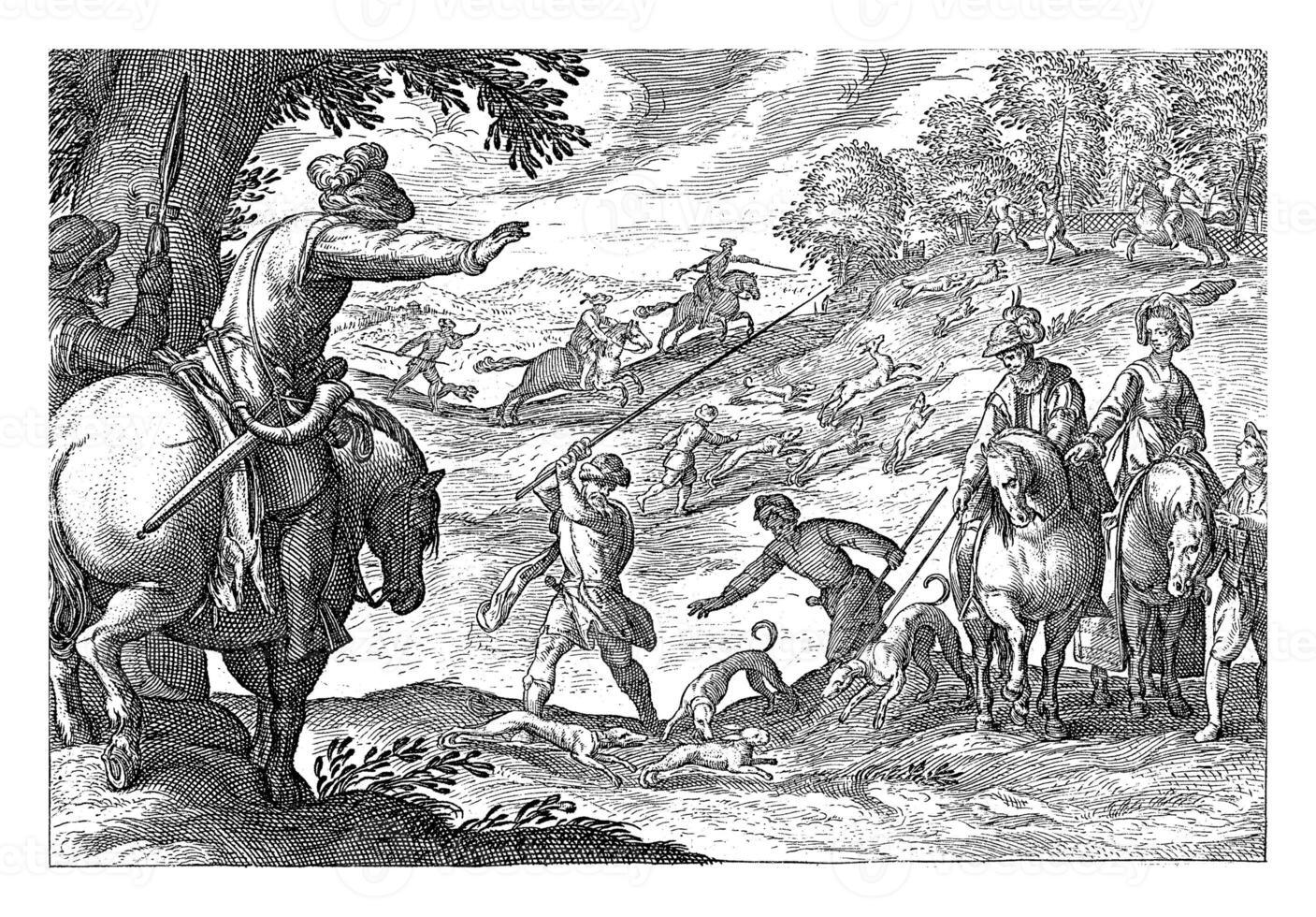 paesaggio con lepre caccia, egbert Jansz., dopo antonio tempesta, 1598 foto
