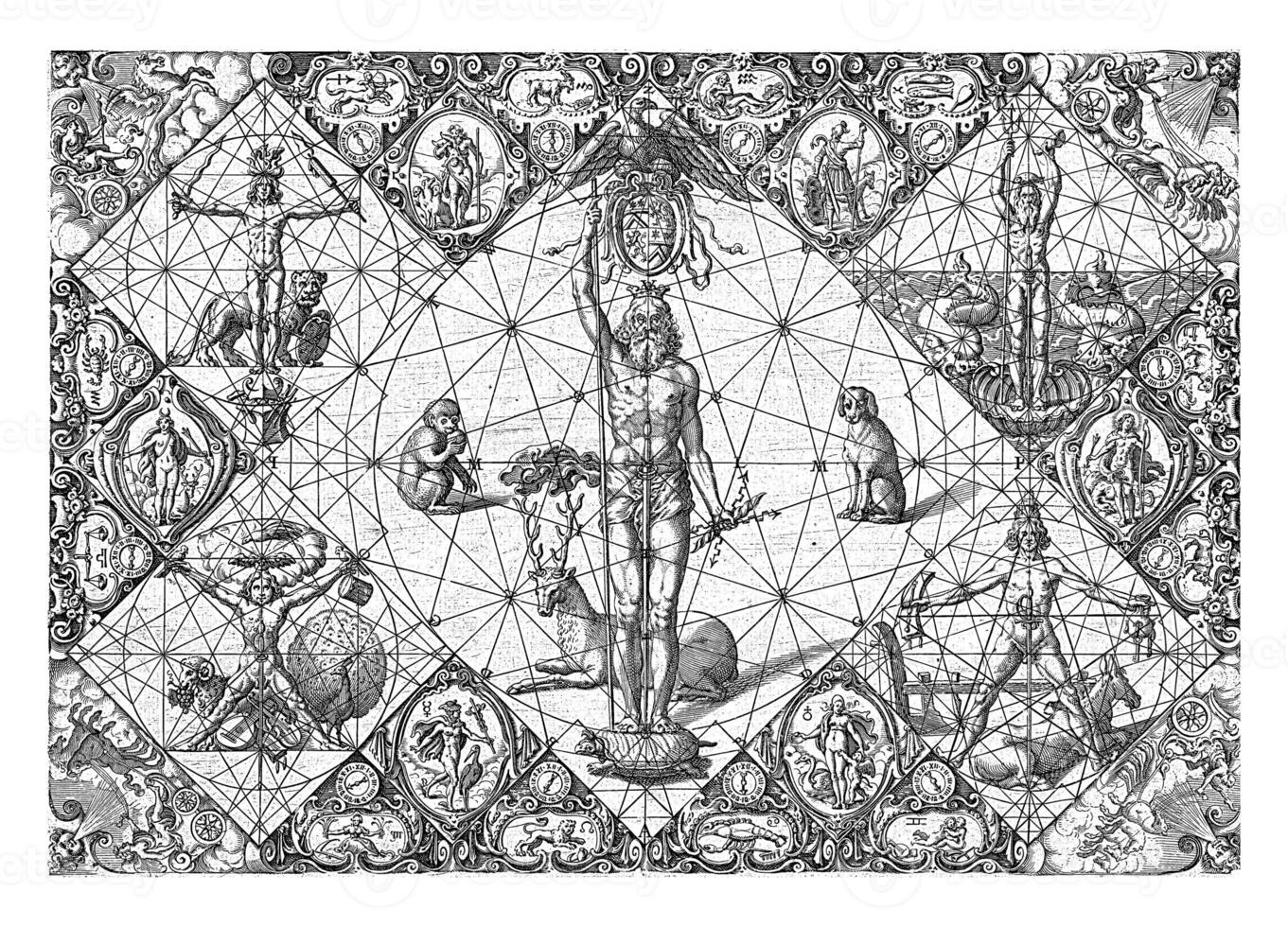 incoronato Giove in mezzo il elementi e pianeti, michiel Le biondo, 1597 - 1656 foto