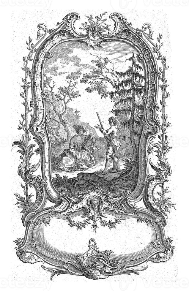 a dondolo donna, carlo albert von lespilliez, dopo francois de cuvillies signore, 1745 un' donna su un' swing è spinto di il uomo dietro a suo, Due donne nel il primo piano Guarda Su. foto