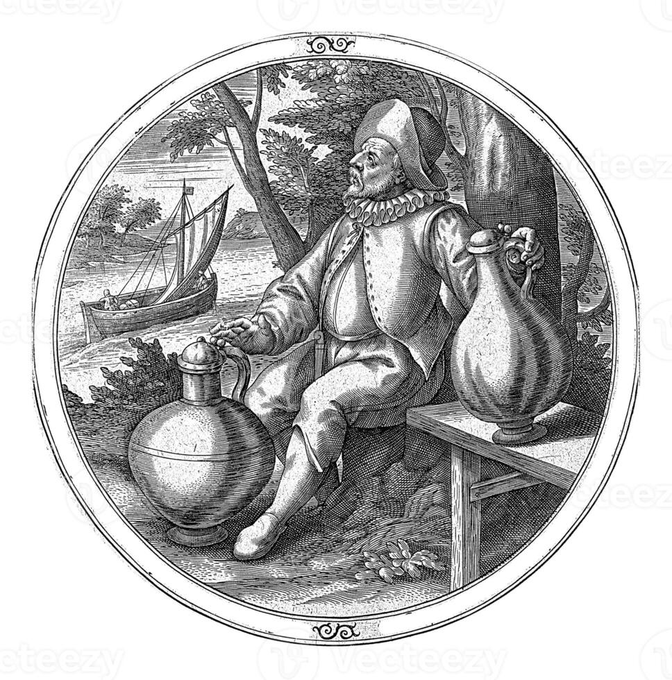 uomo con Due brocche e un' andare in barca nave, anonimo, 1550 - 1610 foto