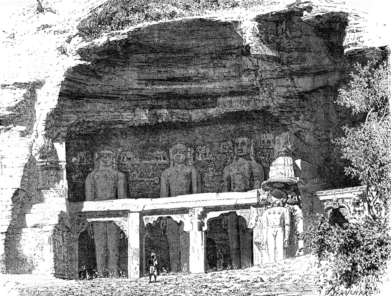 grotta di tirthankaras nel il nostrowhai, Gwalior, Vintage ▾ incisione. foto