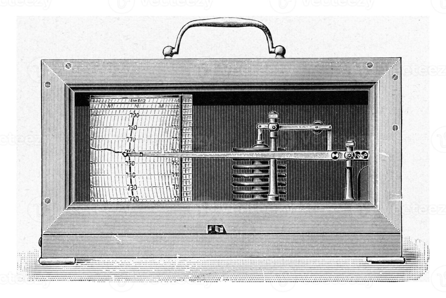 barometro aneroide registratore, Vintage ▾ incisione. foto