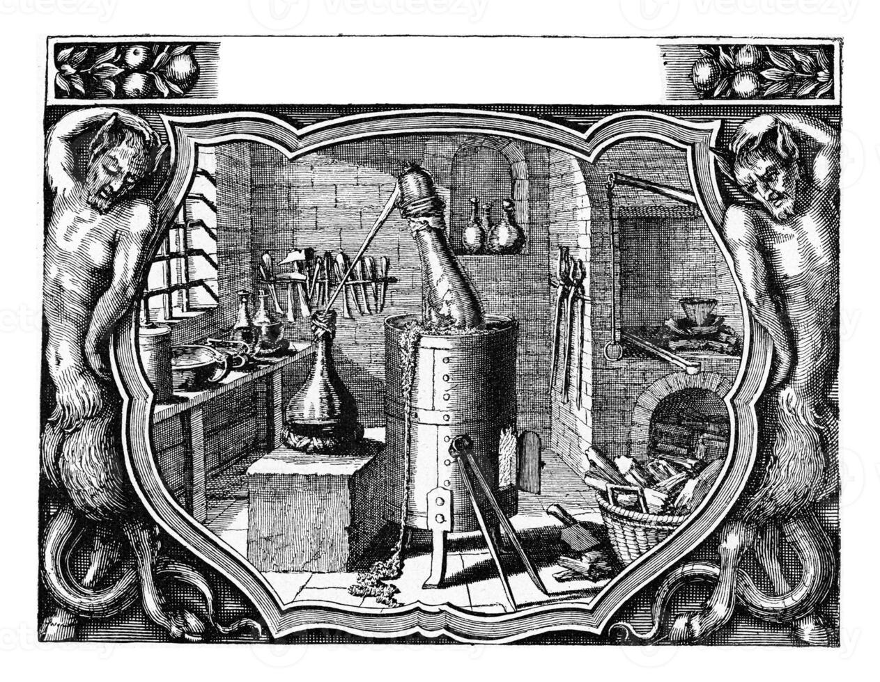 chimico laboratorio di michel kusel nel 1663, Vintage ▾ incisione. foto