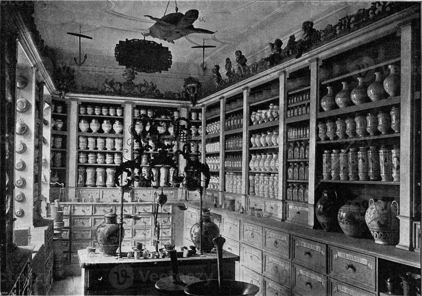 installazione di un vecchio farmacia nel il nazionale germanico Museo di Norimberga, Vintage ▾ incisione. foto