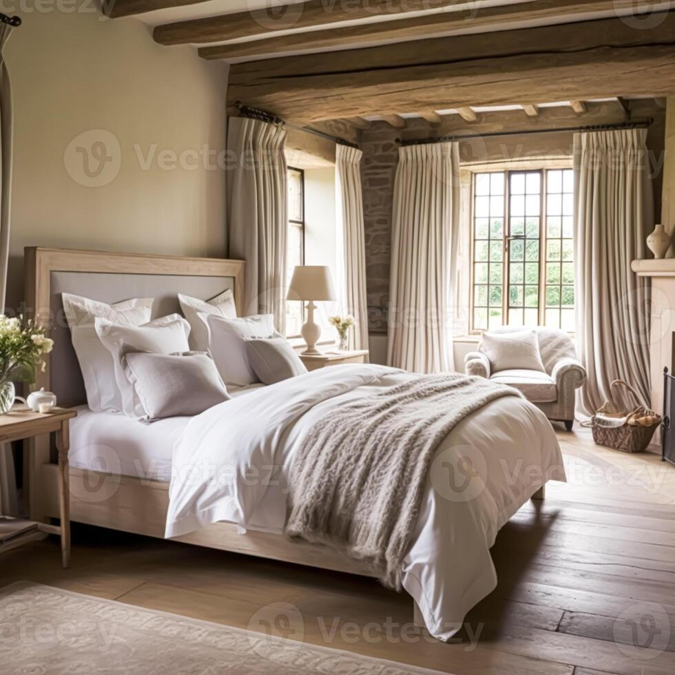 ai generato Camera da letto arredamento, interno design e vacanza noleggio, classico letto con elegante felpa biancheria da letto e arredamento, inglese nazione Casa e Villetta stile foto