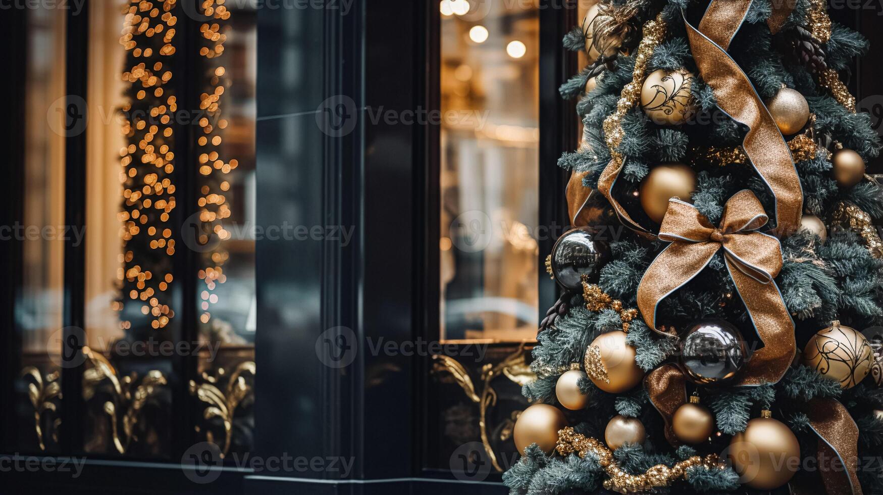 ai generato Natale decorazione dettagli su inglese styled lusso alto strada città memorizzare porta o shopping finestra Schermo, vacanza vendita e negozio arredamento foto