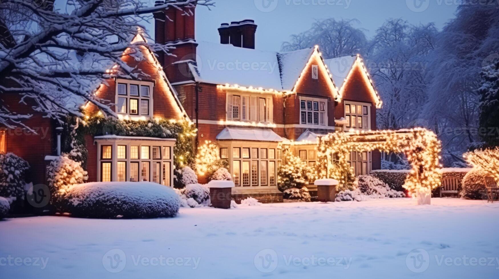 ai generato Natale nel il campagna maniero, inglese nazione Casa dimora decorato per vacanze su un' nevoso inverno sera con neve e vacanza luci, allegro Natale e contento vacanze foto